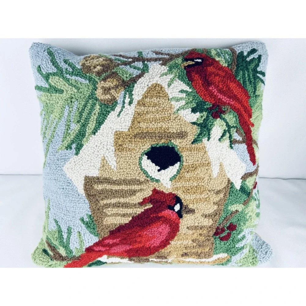 Winter Cardinal Bird House Hooked Wool Throw Pillow Cushion Holiday Christmas